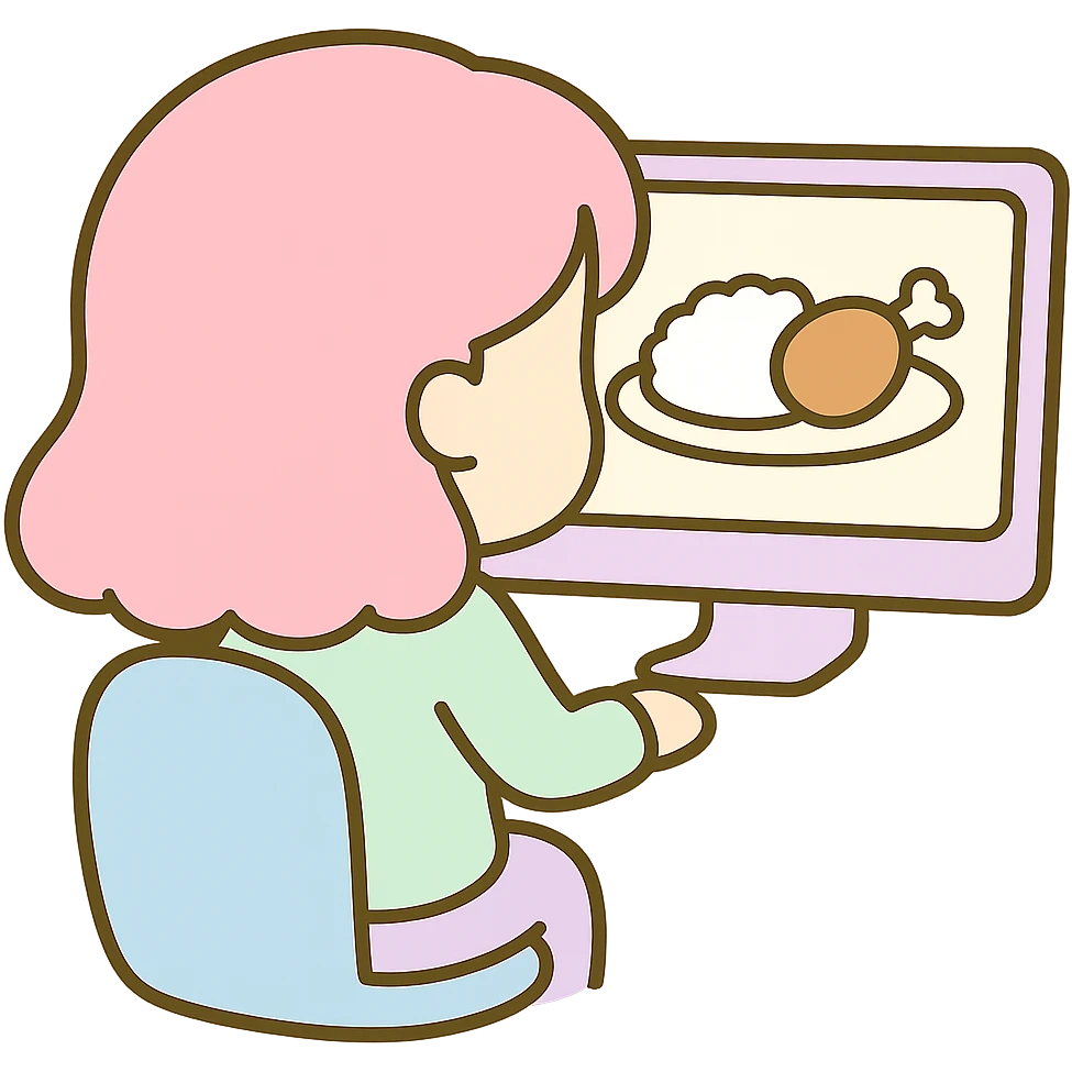 Edit the image to show the woman sitting in front of a computer, facing the computer and away from us, in the same kawaii chibi anime style with flat pastel colors, thick outlines, and simple cute features. On the computer screen, display a plate of rice with a chicken drumstick. Keep the background transparent. emoji