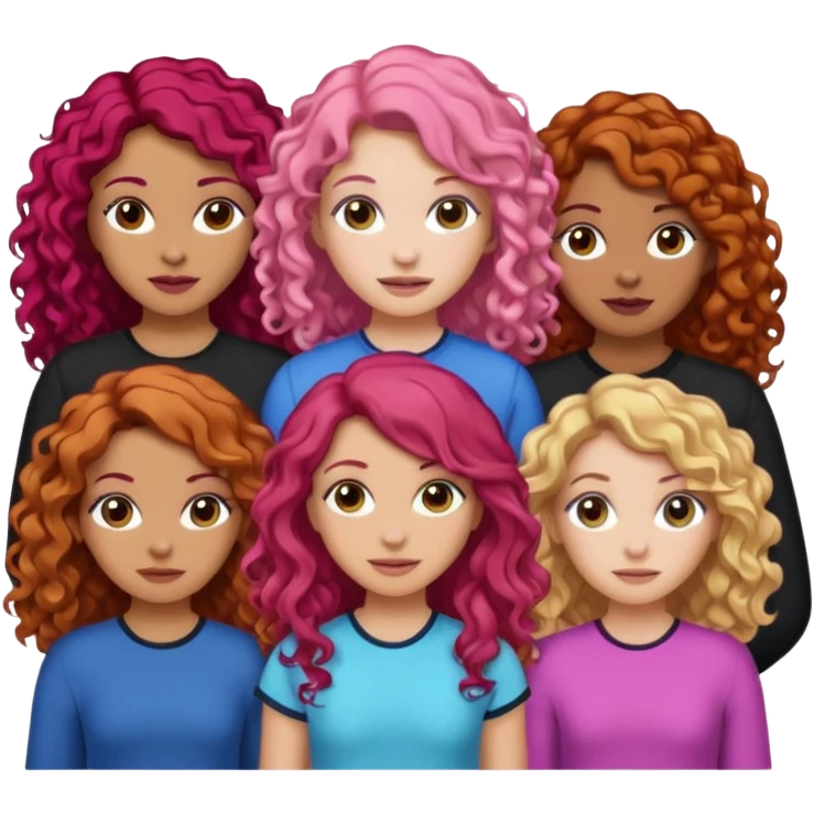 5 girls  curly redhead, one with brunette dyed blonde hair, one long haired wavy brunette, one mid-length haired brunette, and one black haired girl with partially dyed bright red/pink hair emoji