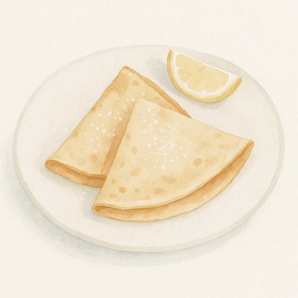 watercolor style french crêpes with delicate texture, served on a plate with lemon and powdered sugar emoji