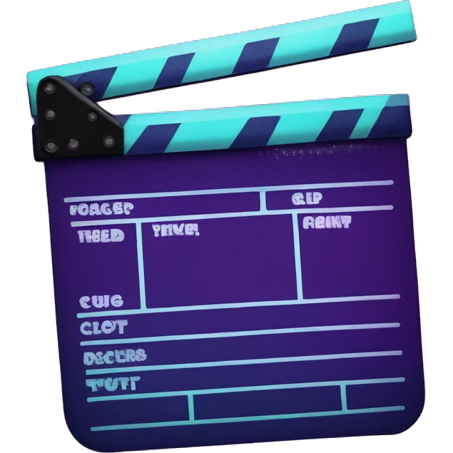 a movie clapper board with the words "clip page" across it, colors are deep purples and moody blues, neon light emoji