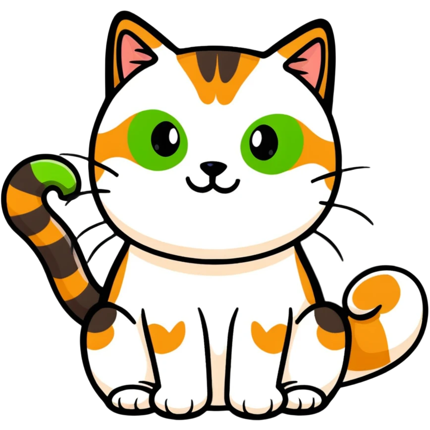 Brown, white, and black tabby cat with green eyes sitting to show its white belly, adorable sticker style emoji