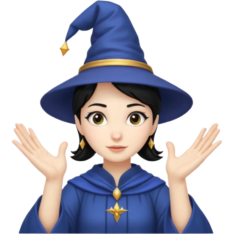 female wizard with black hair in a low bun under a wizards hat with both hands palm up emoji