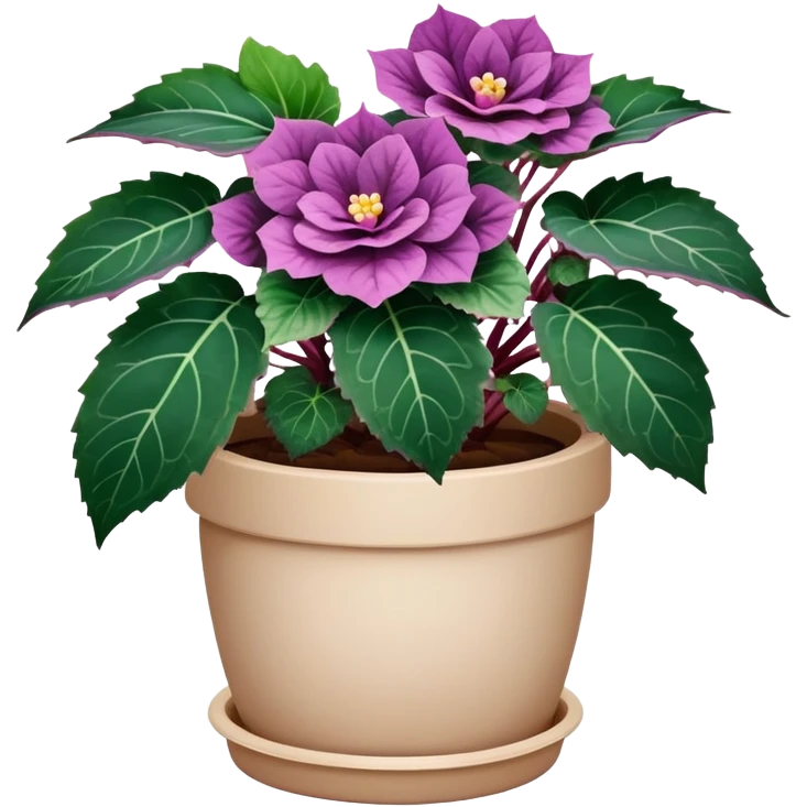 Begonia Rex with dark green leaves, purple edges, white spots in the middle, and prominent spiral centers where leaves grow from, in a beige pot emoji