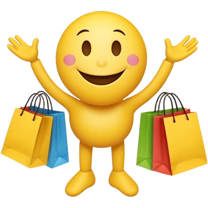 HAPPY SMILEY FACEWITH HANDS AND FEET EMOJI WITH SHOPPING BAGS IN EACH HAND emoji
