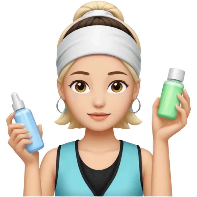 Clean girl aesthetic emoticons, apply skincare products, headband, glowing skin, vest, soft lighting
 emoji