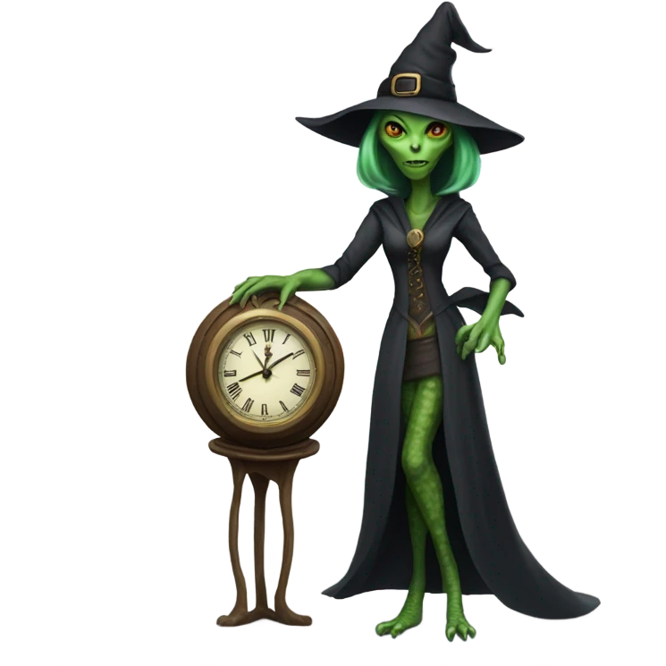 a Reptilian alien woman, as witch, holding holding a big clock, full body emoji