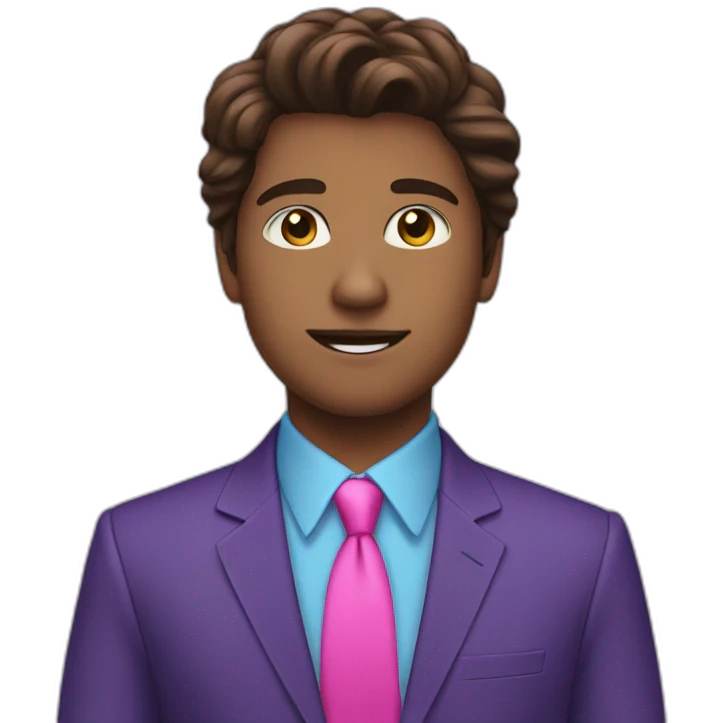 Brown long haired teen guy in purple suit blue shirt and pink tie emoji