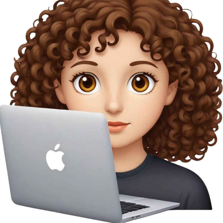 person with brown eyes and short-medium brown curly hair sitting behind an Apple laptop emoji