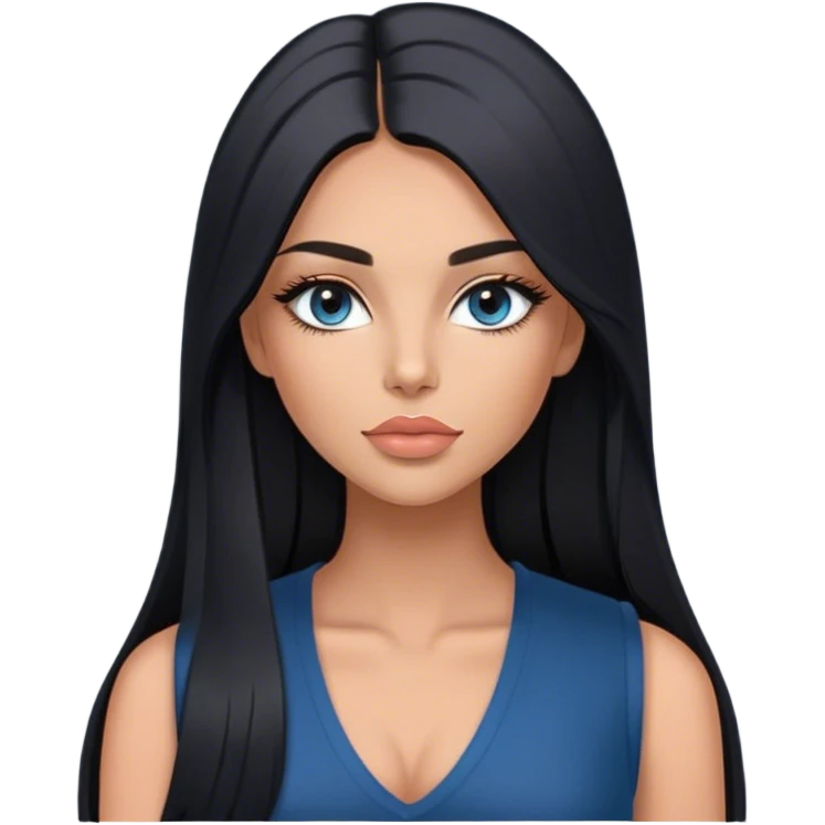 Glamours, tanned, very beautiful girl, with big pump peach-beige-rose lips, long long lashes, black straight smooth silky long hair, straight parting hair, blue-grey eyes, black v-neck vest emoji