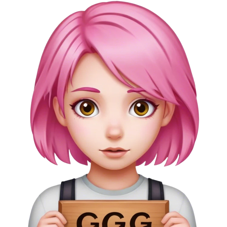 girl with pink hair, big sign, sign says "GG" emoji