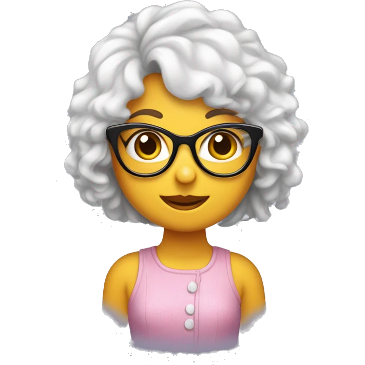 Chica tez blanca, cabello corto rizado, con cat-eyeglasses, nariz perfilada, linda sonrisa. emoji