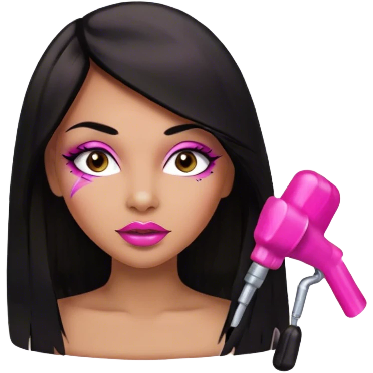 Glamours, medium tan skin tone, very beautiful girl, with big pump pink lips, long long lashes, black straight smooth silky long hair, straight parting hair, brown eye emoji