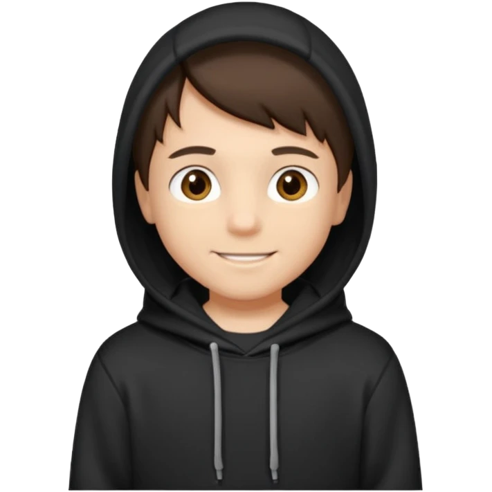 A brunette boy, short straight hair, light brown eyes, with a black sweatshirt with a hoodie, and smile  emoji