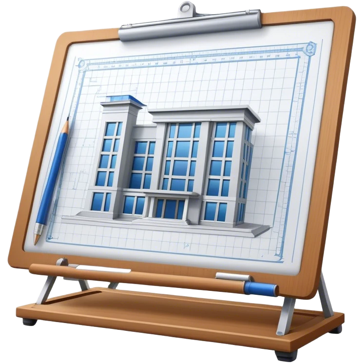 Create a sleek and modern icon representing Architecture, featuring an engineer's drawing board with blueprints of a building and rulers. The design should be visually sophisticated, clean, and professional, without any emojis. The background should be transparent. emoji