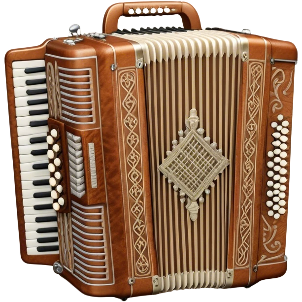 Cinematic Realistic image of a classic accordion, rendered with finely detailed textures and intricate keywork, set against a backdrop of soft, ambient lighting that highlights its vintage charm emoji