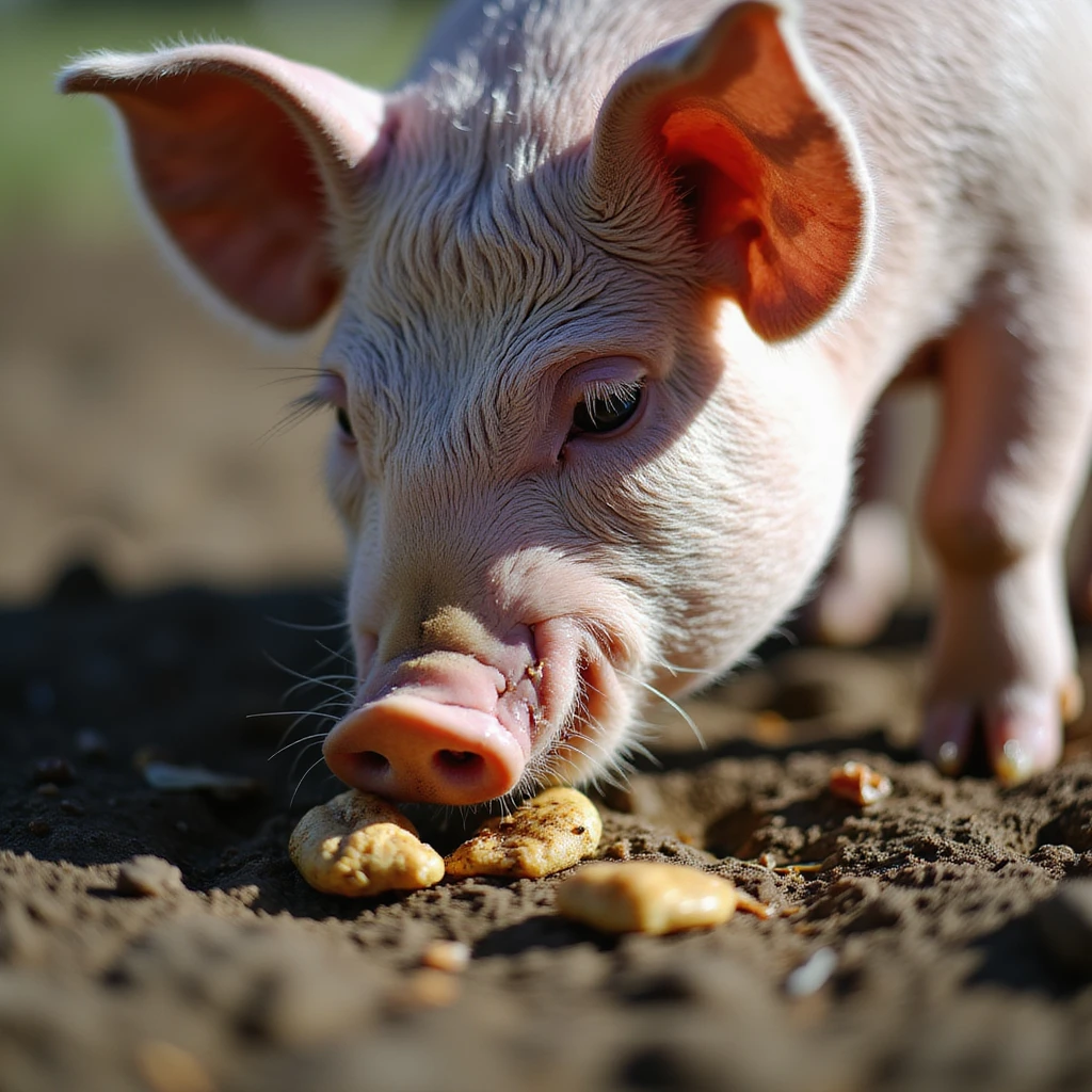 close-up of a pig sniffing and eating food leftovers and feces in the mud, natural light, farm environment, 4K quality emoji