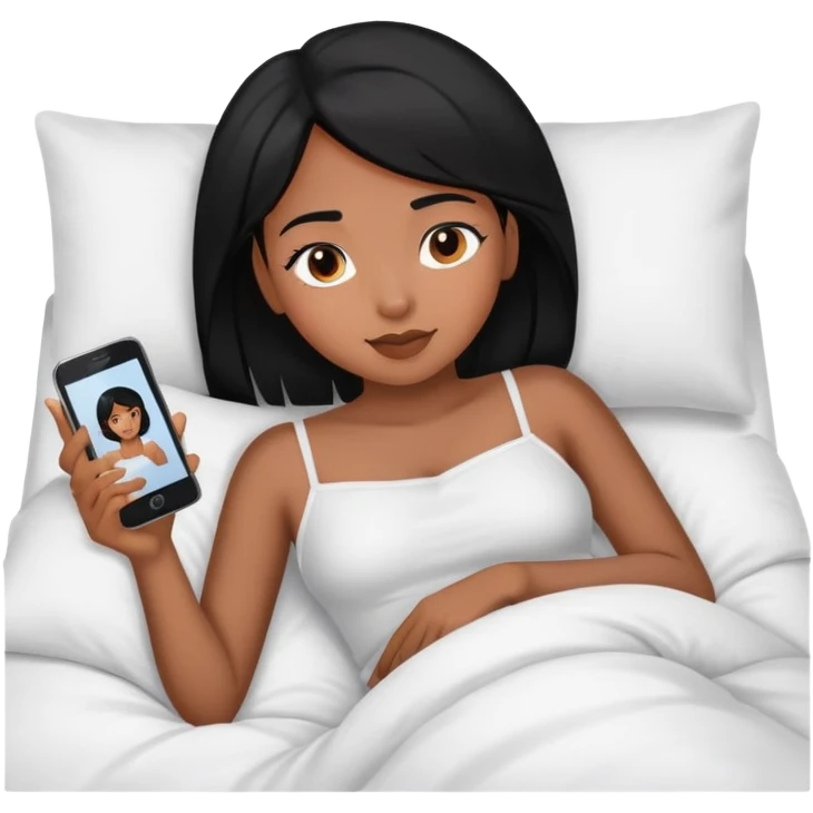 Black hair Girl, laying In bed using phone  emoji