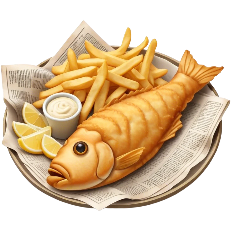 Fish and Chips Cinematic Realistic Fish and Chips Dish Emoji, depicted as a crispy battered fish fillet and golden chips served in traditional newspaper wrapping, rendered with lifelike textures and warm natural lighting that captures its iconic British street food charm  . emoji