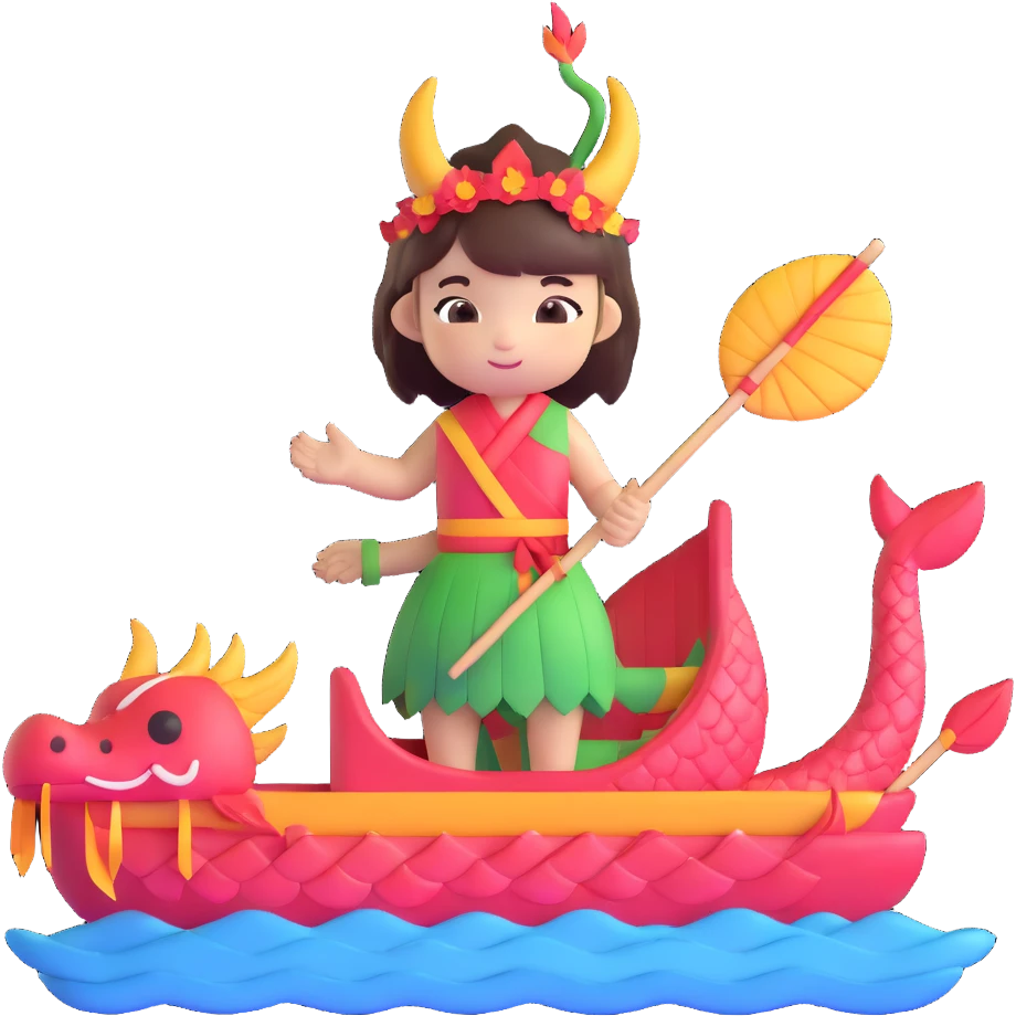 A chibi girl dressed as a dragon boat drummer, holding soft pastel drumsticks, standing in a fluffy dragon boat, colorful festival ribbons flying, sparkles and cute mini fish swimming below, soft pastel colors, watercolor texture, transparent background emoji