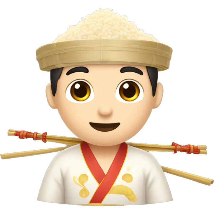 An man holding a bow of rice and noodle, dressed in Chinese Traditional clothes, Small eyes  emoji