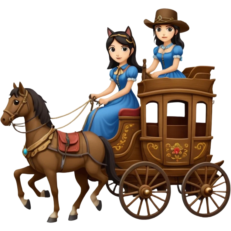  Rustic antique wood detailed 1854 pretty dark-haired Catgirl driving a huge horse-drawn stagecoach Caravan alone on a bumpy scary trail in the woods  emoji