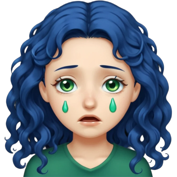 Girl with long  curly dark blue hair, green eyes, and very fair skin.crying emoji