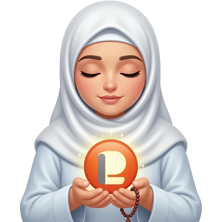An ethereal Muslim woman, prayed position, closed eyes, wearing a soft white satin hijab, tasbih, prayer rug, gently cupping a luminous Patreon icon (the round 'P' icon) made of liquid light. Text bubble from mind: 'WHAT DO THEY GET IN?'. Isolated on white, magical stardust, 3D icon style emoji