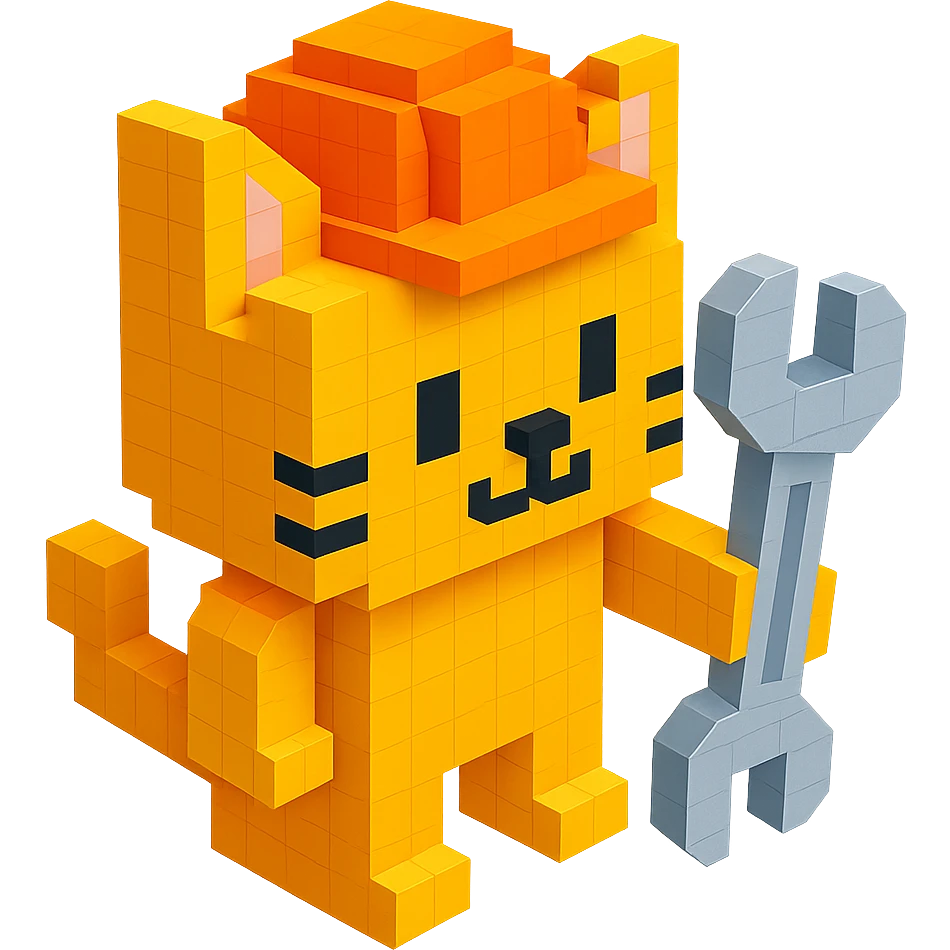worker cat with orange construction hat holding a wrench in voxel style emoji