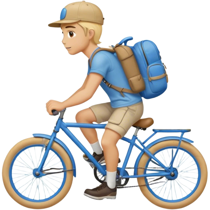 A blond guy in a cap and with a backpack on his back rides a blue bike emoji