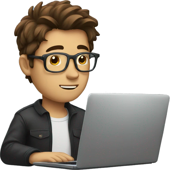 a man with brown hair and glasses at a laptop; he is daydreaming  emoji