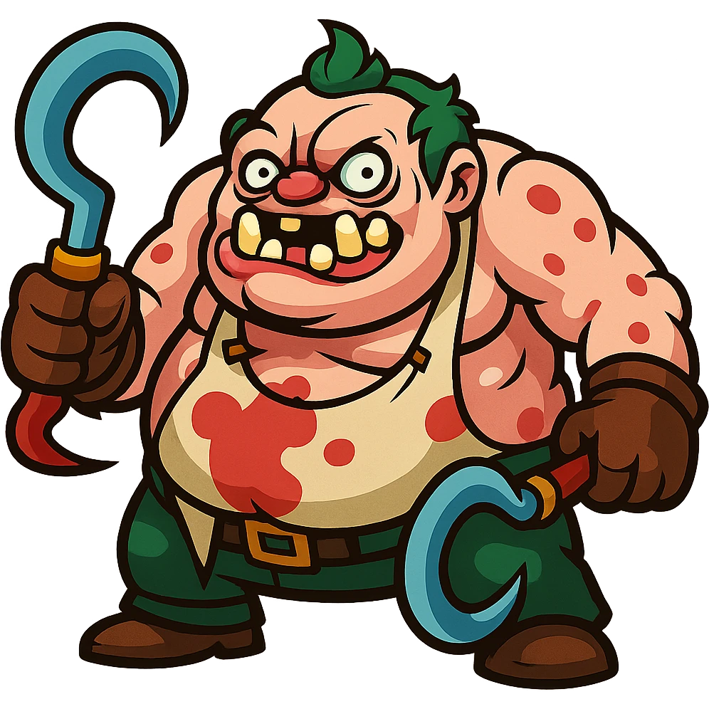 Cartoonish redesign of Pudge from Dota 2, exaggerated features, vibrant colors, playful style emoji