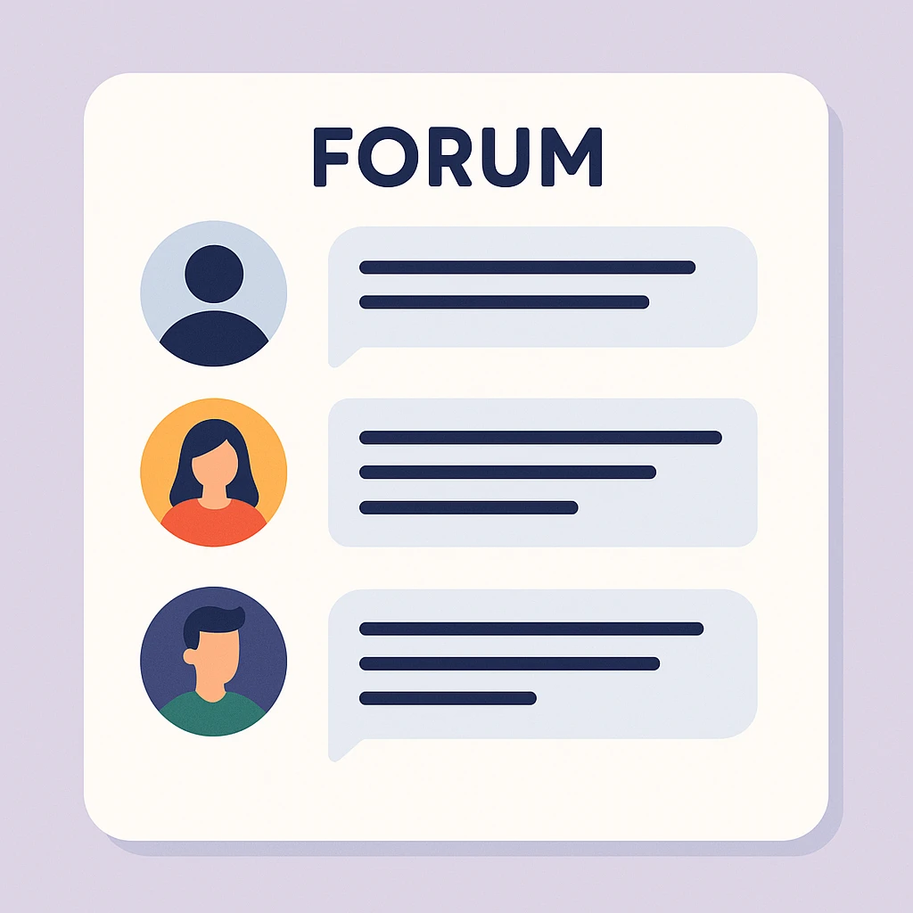 modern flat design illustration of an online forum interface, with chat bubbles and user avatars emoji