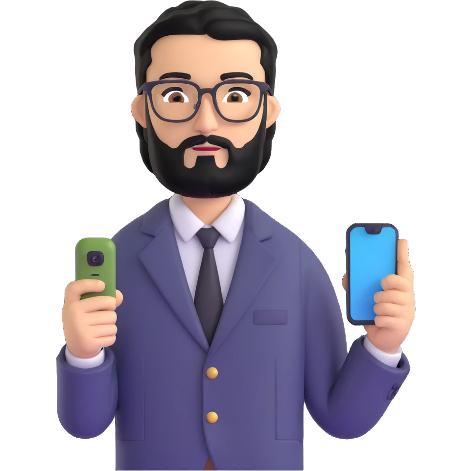 standing pose of professional man with medium black beard, black hair styled and combed to one side, connected unibrow, olive tan skin, brown eyes, glasses, prominent nose, dressed in formal black jacket, with mobile phone emoji