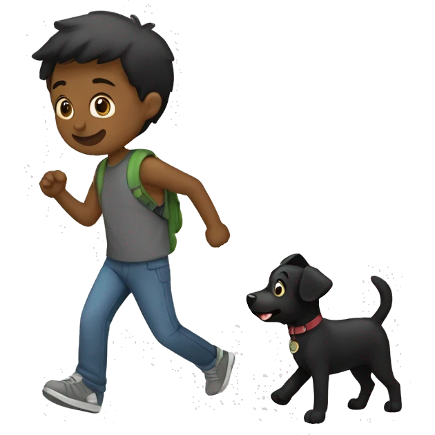 Un Perro negro y un niño de 13 años caminando  emoji