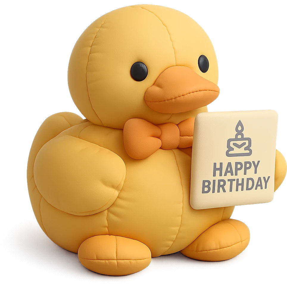 duck with bowtie holding birthday card, cushion style emoji