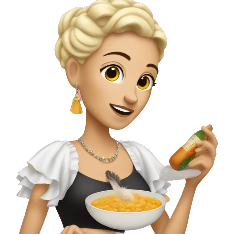 White Woman with a black pixi cut, making a Spanish cocido while wearing a grand night gown with feathers emoji