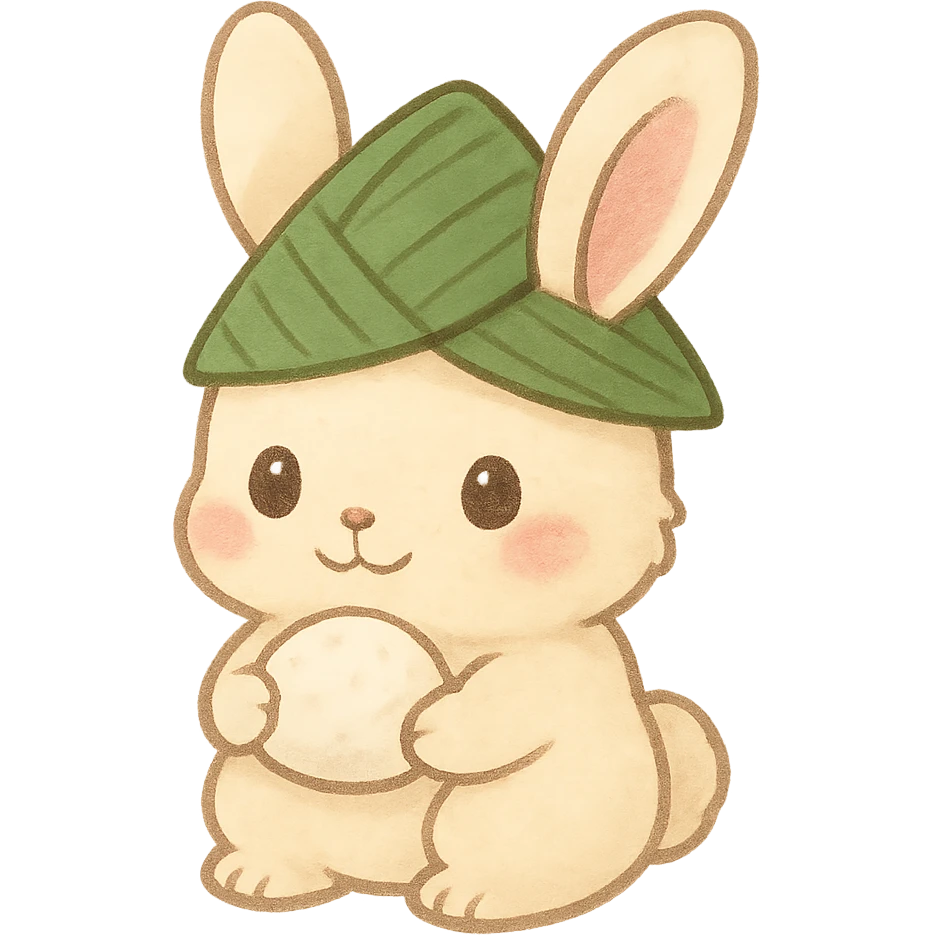 bunny wearing a green zongzi leaf hat, holding a sweet rice dumpling, soft colors, kawaii style emoji