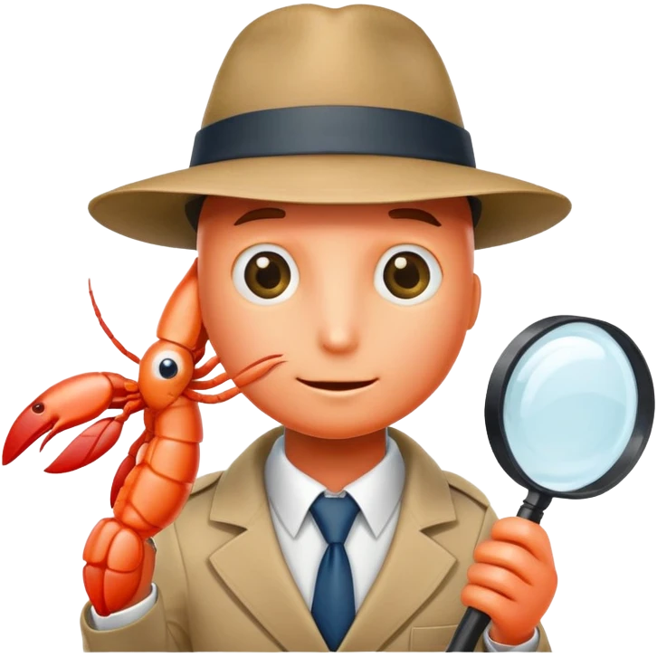 The shrimp detective in a tie and a hat with a magnifying glass emoji