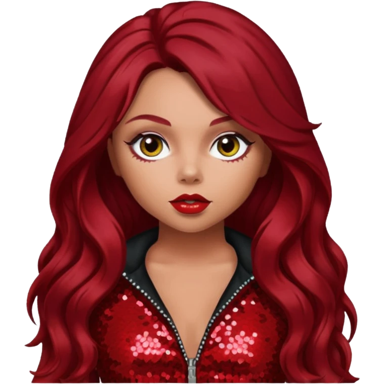 Jesy Nelson from Little Mix with long dark red hair, red sequin outfit emoji