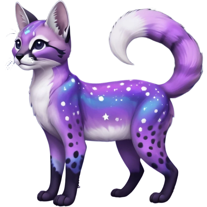 Colorful black-violet-indigo-purple-gradients nebulae nebula starry galactical shiny white-stars-spotted glorious iridescent divine exotic cute cool beautiful realistic caracal-civet-genet-sergal-vernid-Cacomistle-Trico-oncilla-animal-Fakémon-hybrid-fursona (full body) emoji