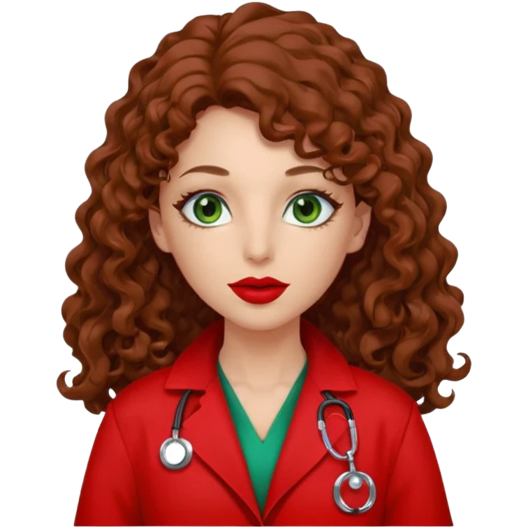 Lilith symbol sexy evil woman. She has green eyes.  had brown long curly hair.  evil surgeon kills with scalpel wears red sexy doctor coat with red mouth cover red gloves. Covers nose, neck  and mouth with Muslim red berka emoji