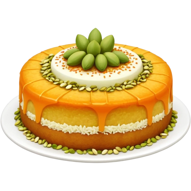 A small round emoji of traditional kanafeh with golden-orange crispy threads, a gooey white cheese center, and a light sprinkle of green pistachios. Warm and delicious-looking. emoji