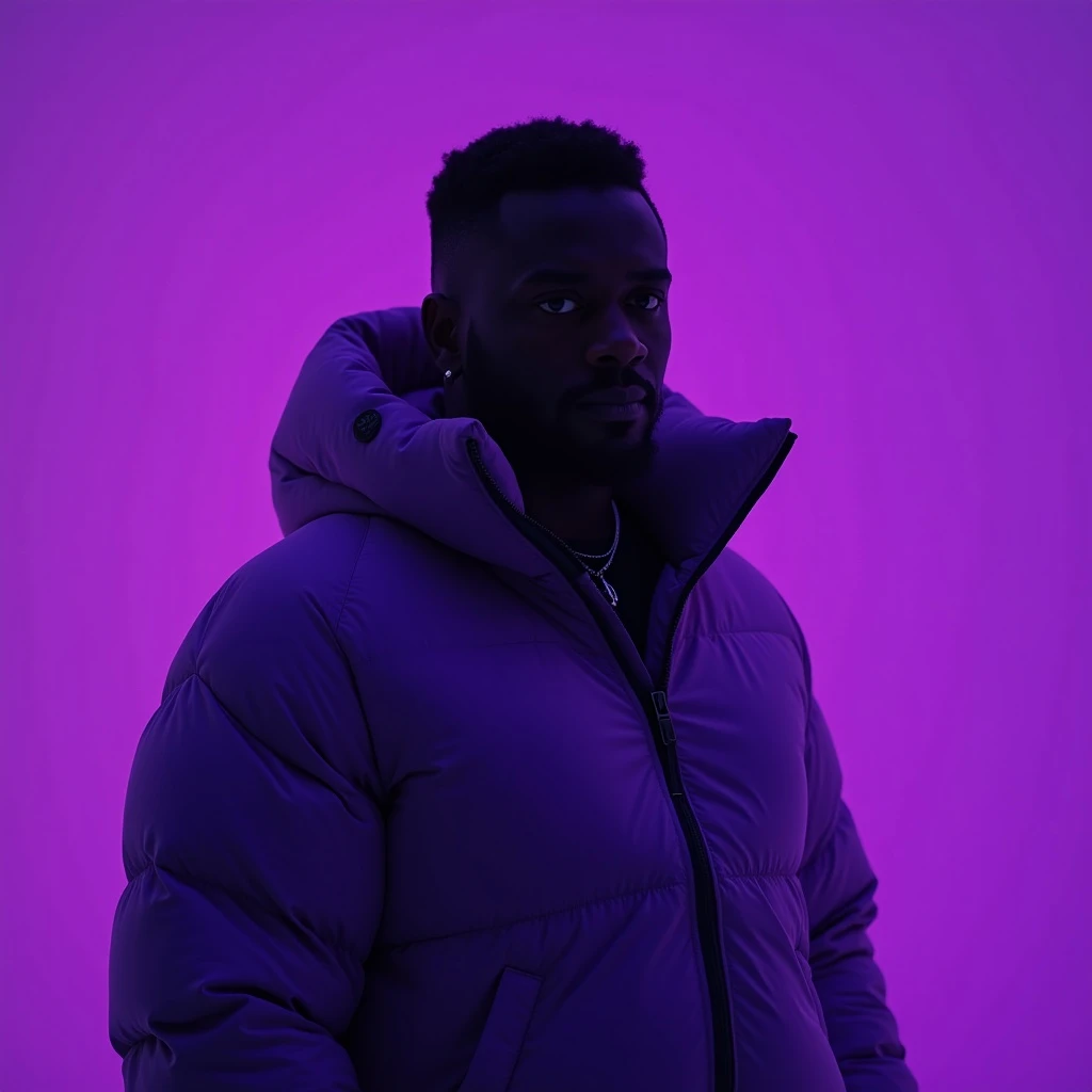 Cinematic still of a black man in purple puffer abstract jacket, purple solid background, cinematic soft lightning emoji