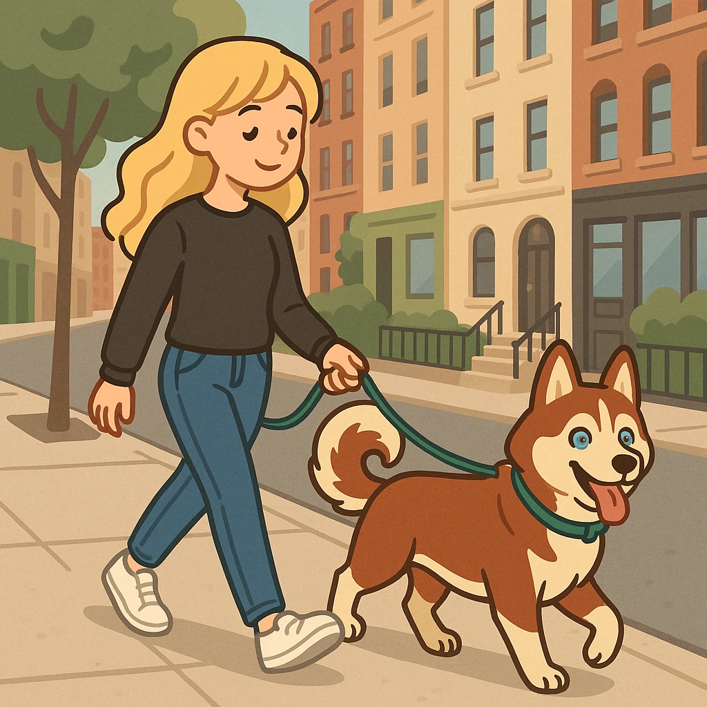 Cute Blonde woman wearing a black sweater and jeans and white sneakers walking a happy red-brown blue-eyed Siberian husky in New York City on an upper east side city sidewalk, flat toon style  emoji