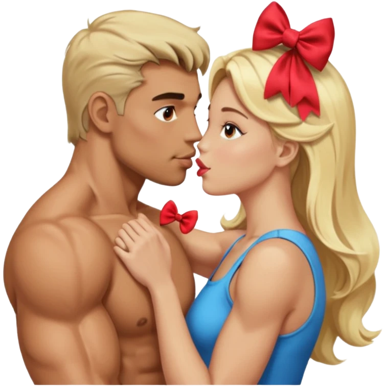  الرجل يقبل فتاه الرجل لديه عضلات وابيض اللون والفتاة شقراء لطيفة على رأسها فيونكة emoji