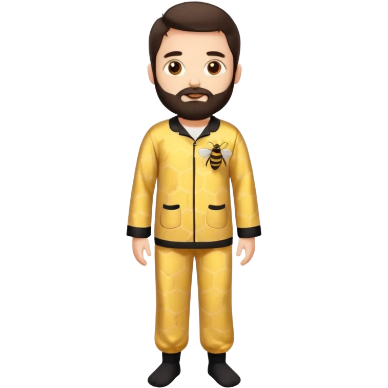 Grown up man with brown eyes, dark brown long hair, white skin, medium beard, full body in cute bee pijama emoji