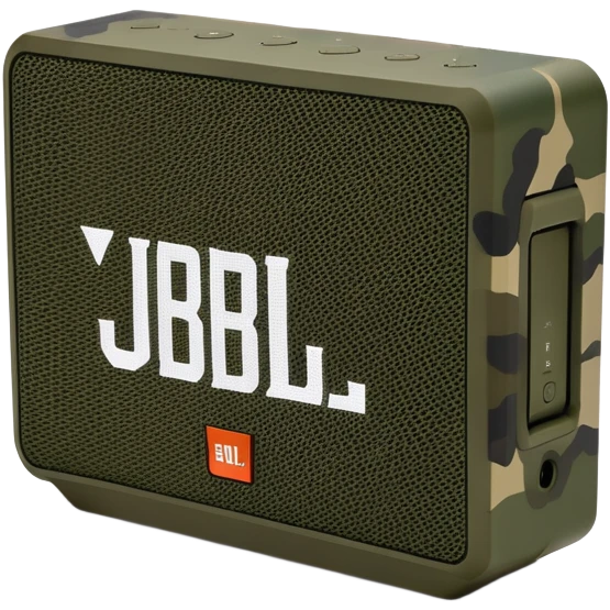 JBL Go 4 in woodland camouflage, simplified design, front view showing speaker grill, modern minimal approach, military style emoji