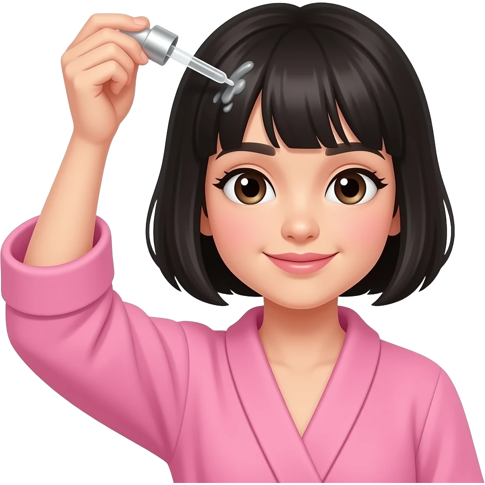 White girl taking care of her black short hair by giving herself a hair tonic massage with a dropper, wearing a pink robe, iPhone emoji style emoji