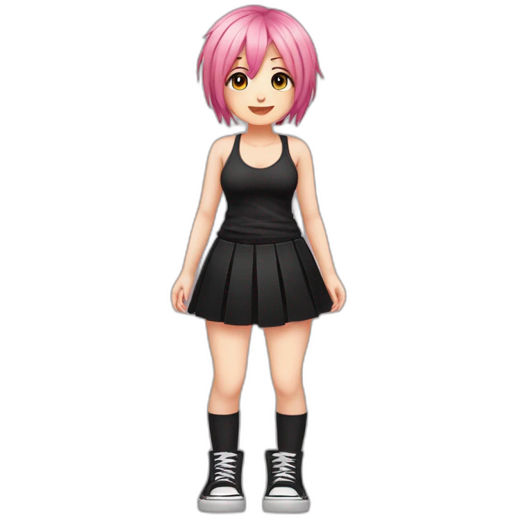 Full body Front view curvy emo girl pink hair sits on the floor straight view hands up black skirt белые трусики emoji
