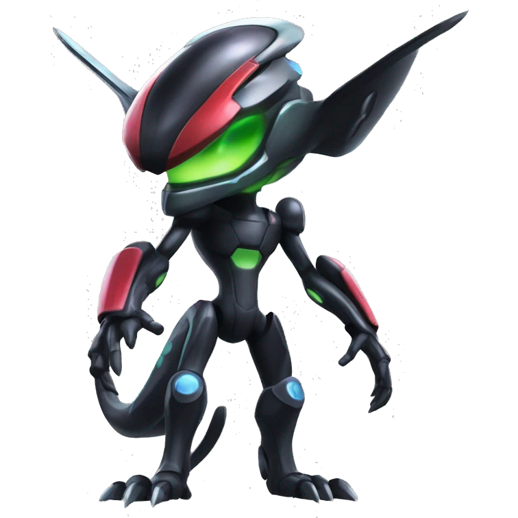 a shiny black Genesect-Flygon-Raptor-Fakémon-Medabot-hybrid with a futuristic visor-helmet full body emoji